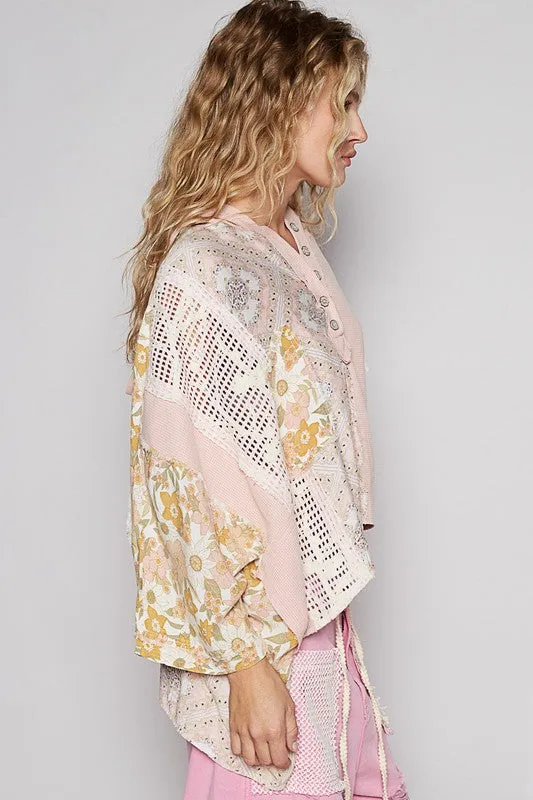 POL Crochet Patch Lace Detail Button Detail Floral Hooded Top