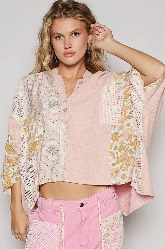 POL Crochet Patch Lace Detail Button Detail Floral Hooded Top