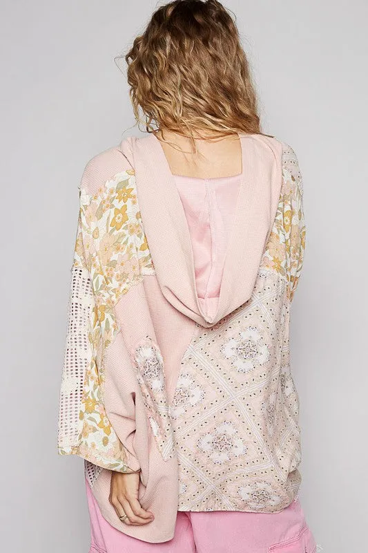 POL Crochet Patch Lace Detail Button Detail Floral Hooded Top