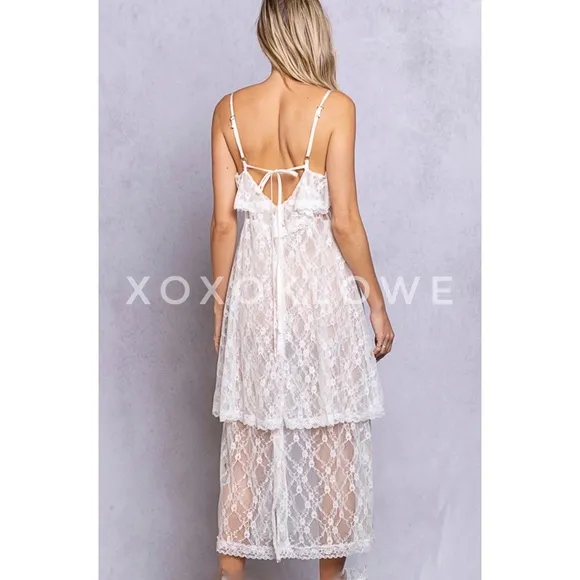 POL Intimately White Sheer Lace Tiered Slip Dress