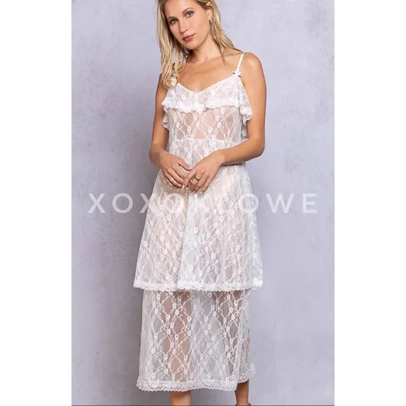 POL Intimately White Sheer Lace Tiered Slip Dress