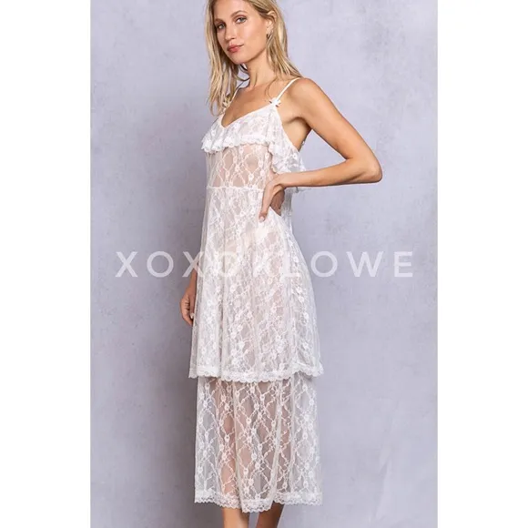 POL Intimately White Sheer Lace Tiered Slip Dress