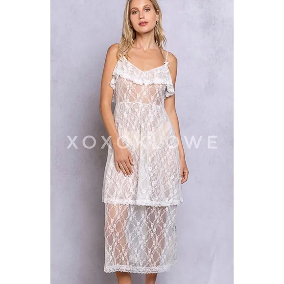 POL Intimately White Sheer Lace Tiered Slip Dress