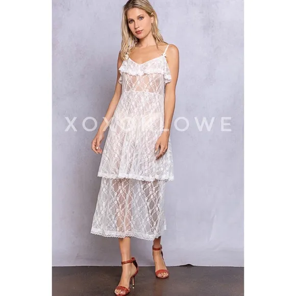POL Intimately White Sheer Lace Tiered Slip Dress