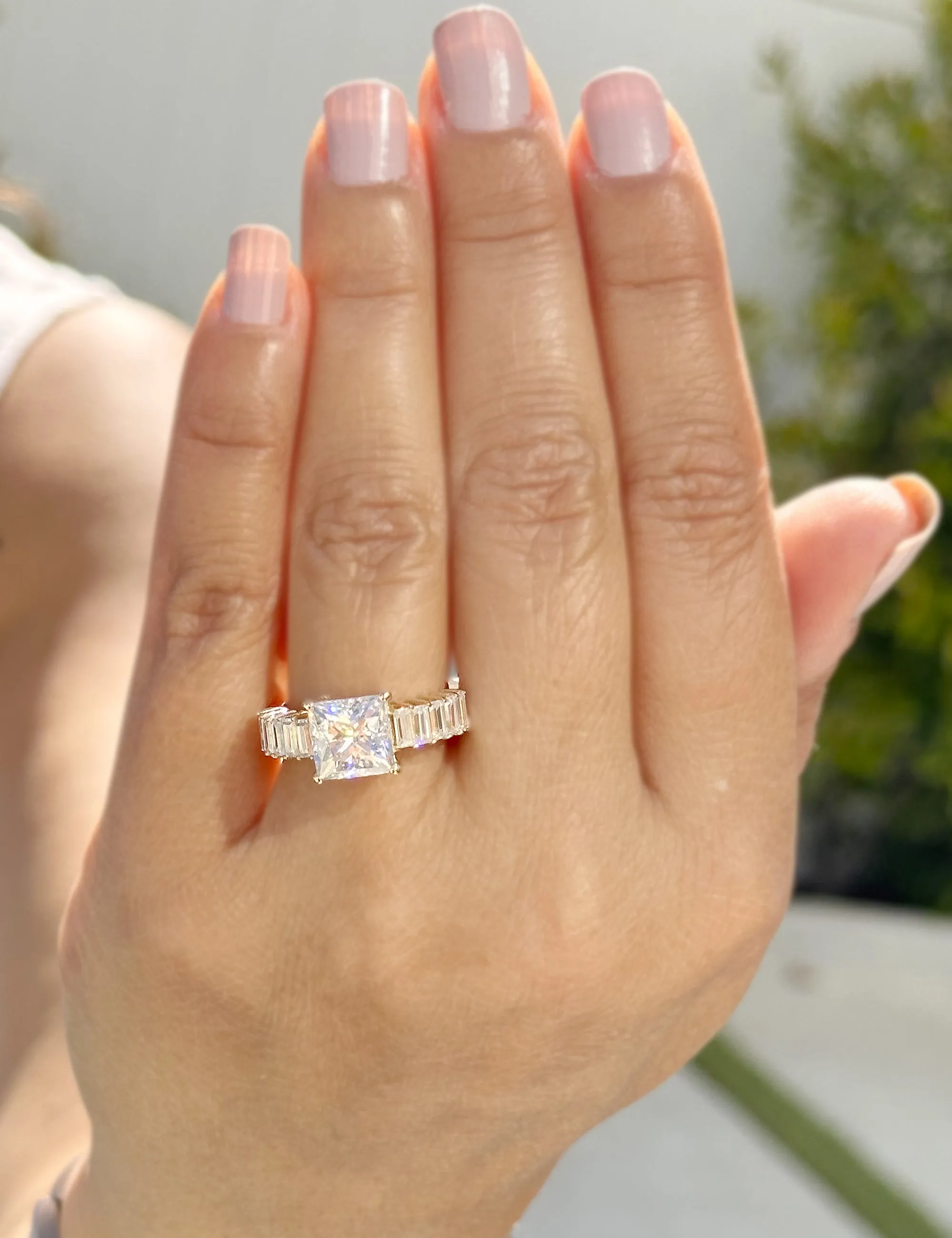 Princess Cut And Emerald Baguettes Cut Sides IGI Certified Engagement Ring 14k Solid Yellow Gold Wedding Ring Prong Set Bridal Ring 4.00ctw