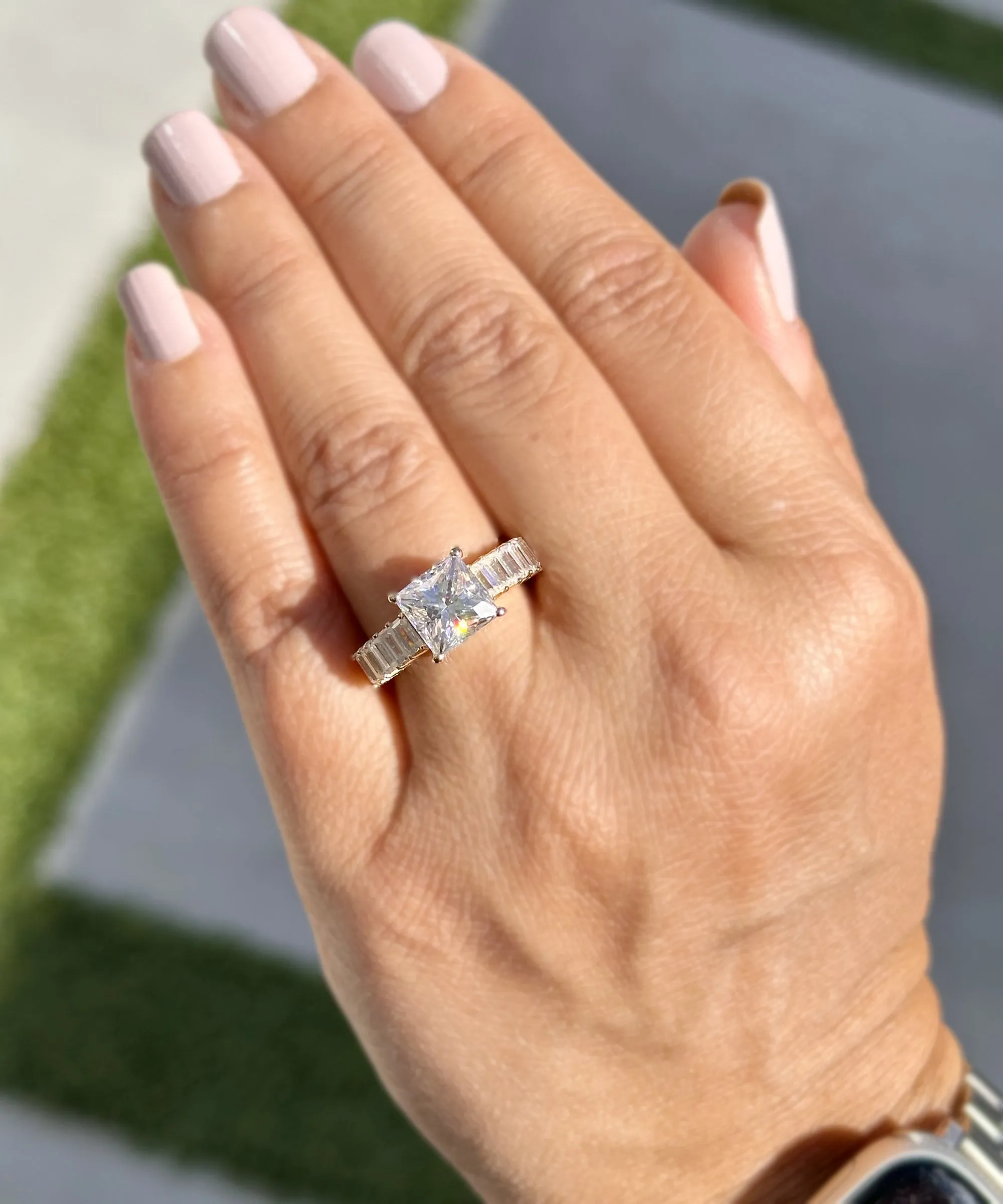 Princess Cut And Emerald Baguettes Cut Sides IGI Certified Engagement Ring 14k Solid Yellow Gold Wedding Ring Prong Set Bridal Ring 4.00ctw