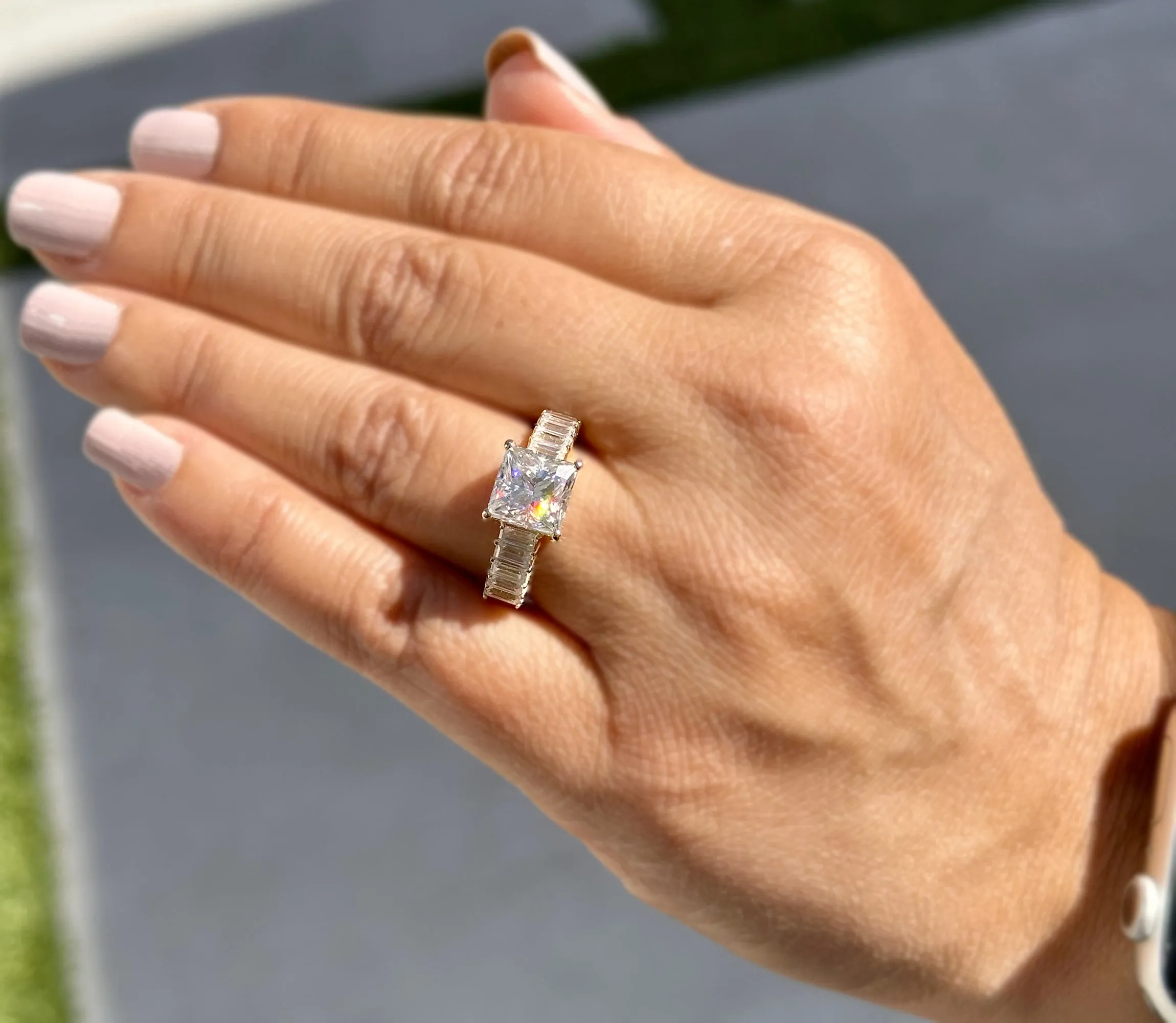 Princess Cut And Emerald Baguettes Cut Sides IGI Certified Engagement Ring 14k Solid Yellow Gold Wedding Ring Prong Set Bridal Ring 4.00ctw