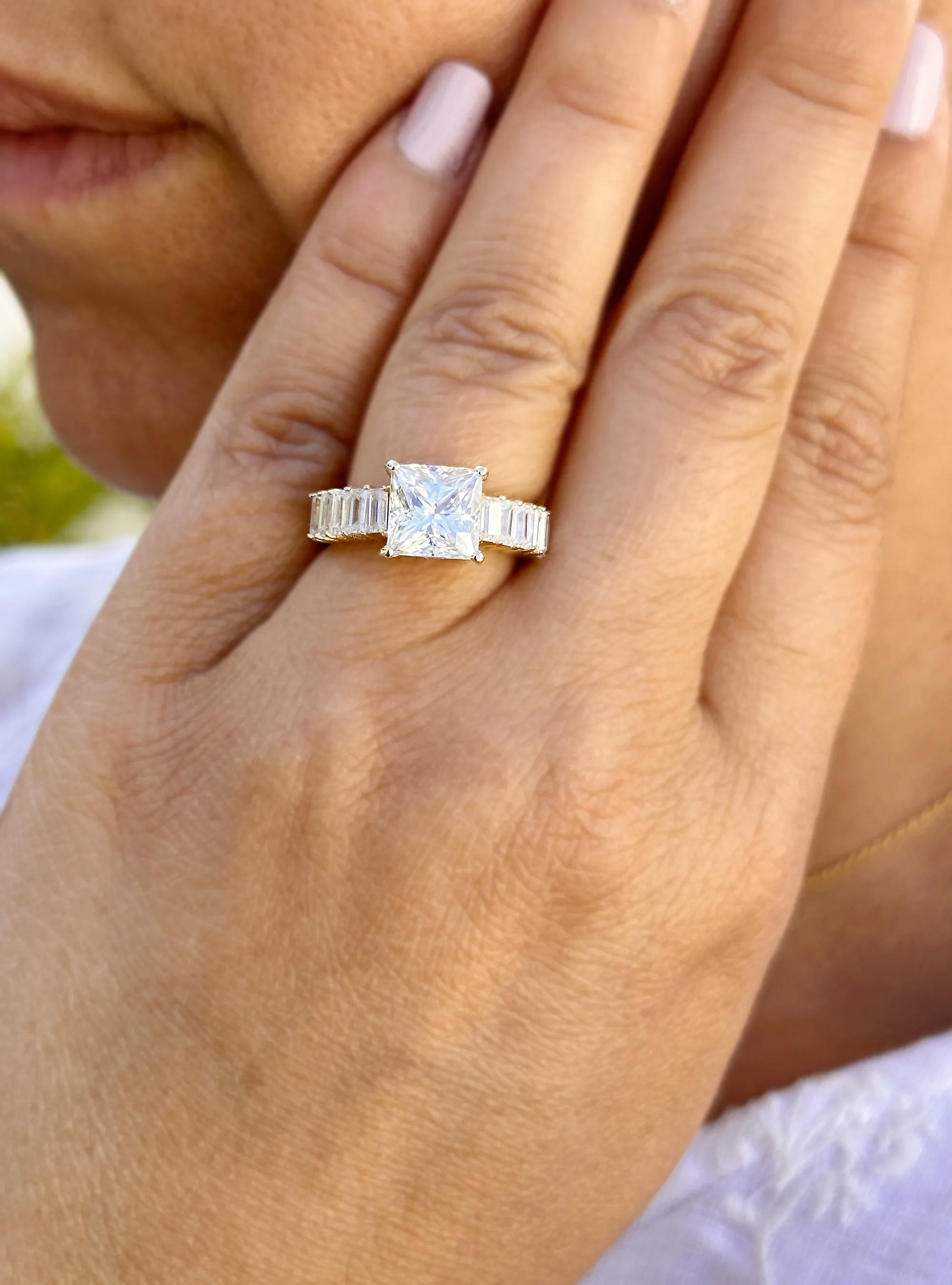 Princess Cut And Emerald Baguettes Cut Sides IGI Certified Engagement Ring 14k Solid Yellow Gold Wedding Ring Prong Set Bridal Ring 4.00ctw