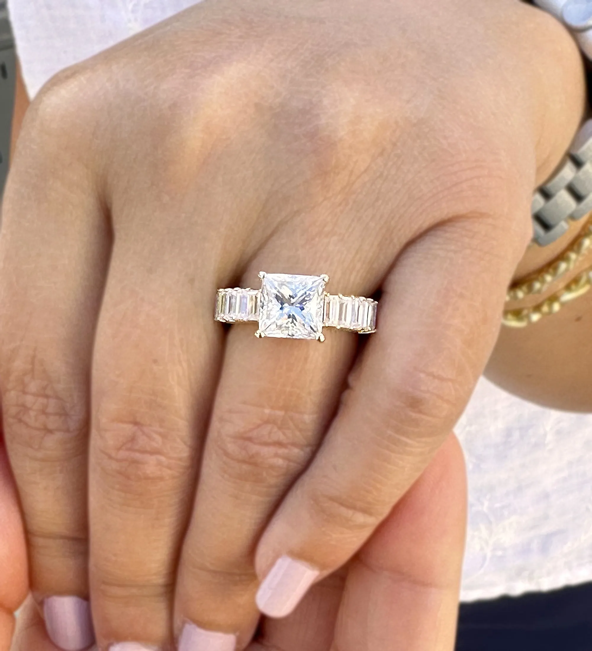 Princess Cut And Emerald Baguettes Cut Sides IGI Certified Engagement Ring 14k Solid Yellow Gold Wedding Ring Prong Set Bridal Ring 4.00ctw