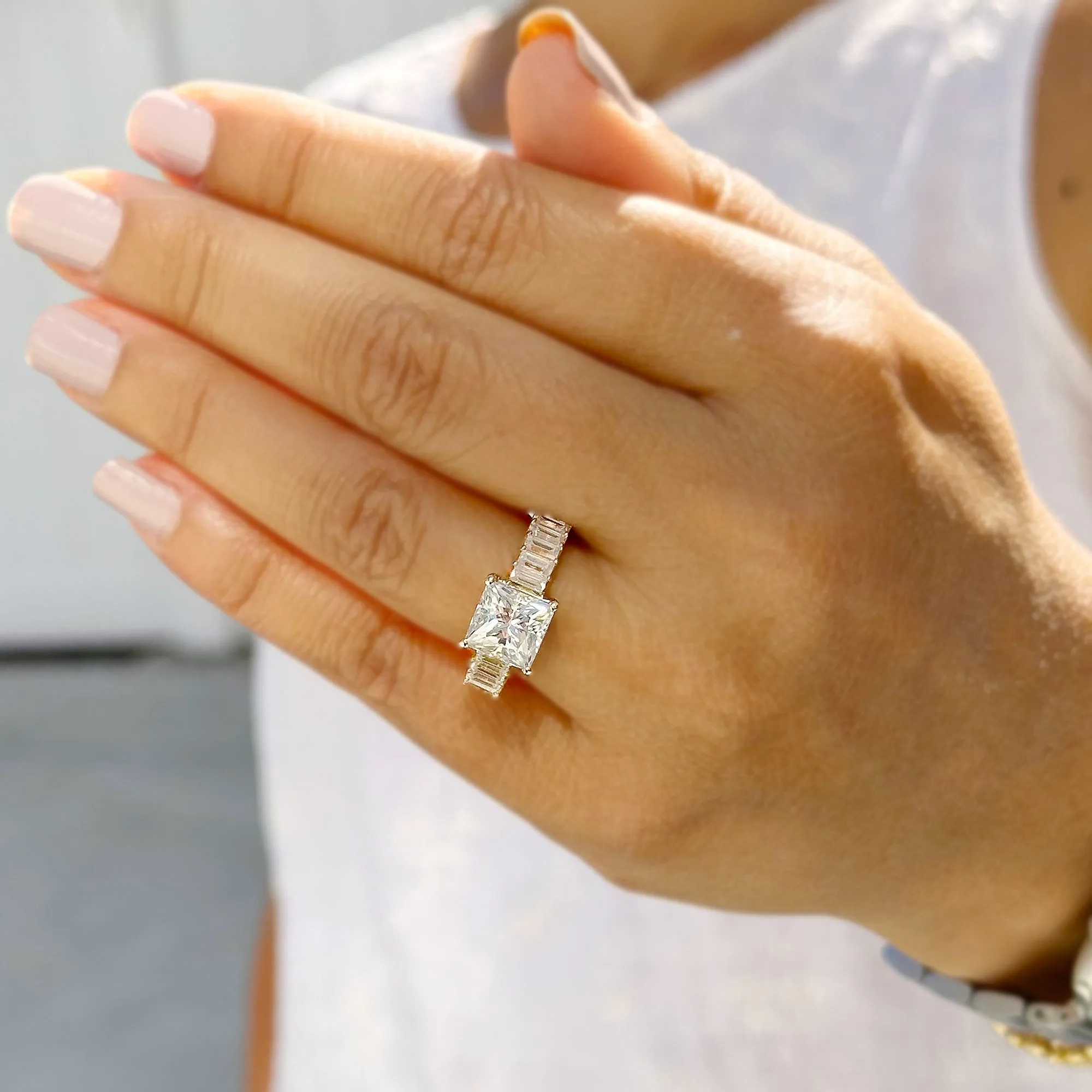 Princess Cut And Emerald Baguettes Cut Sides IGI Certified Engagement Ring 14k Solid Yellow Gold Wedding Ring Prong Set Bridal Ring 4.00ctw