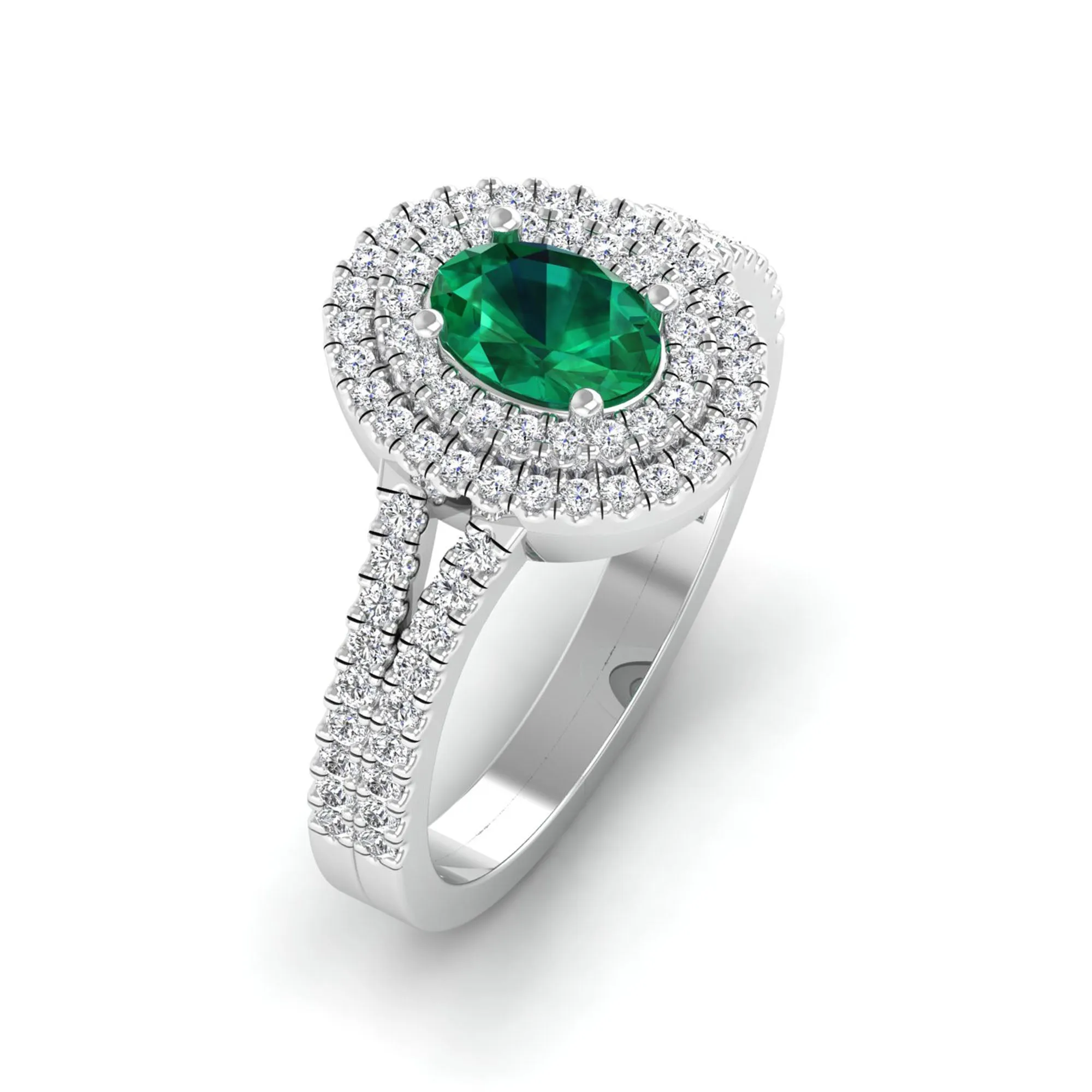 Prong-Set Double Halo Oval Emerald and Infinity Diamond Ring