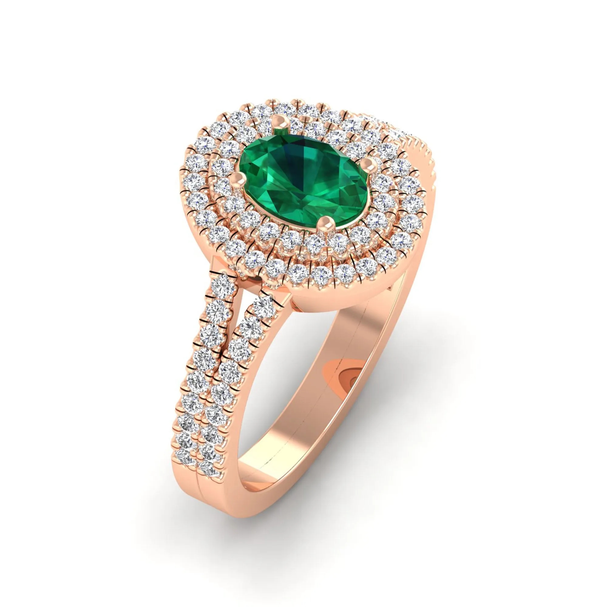 Prong-Set Double Halo Oval Emerald and Infinity Diamond Ring