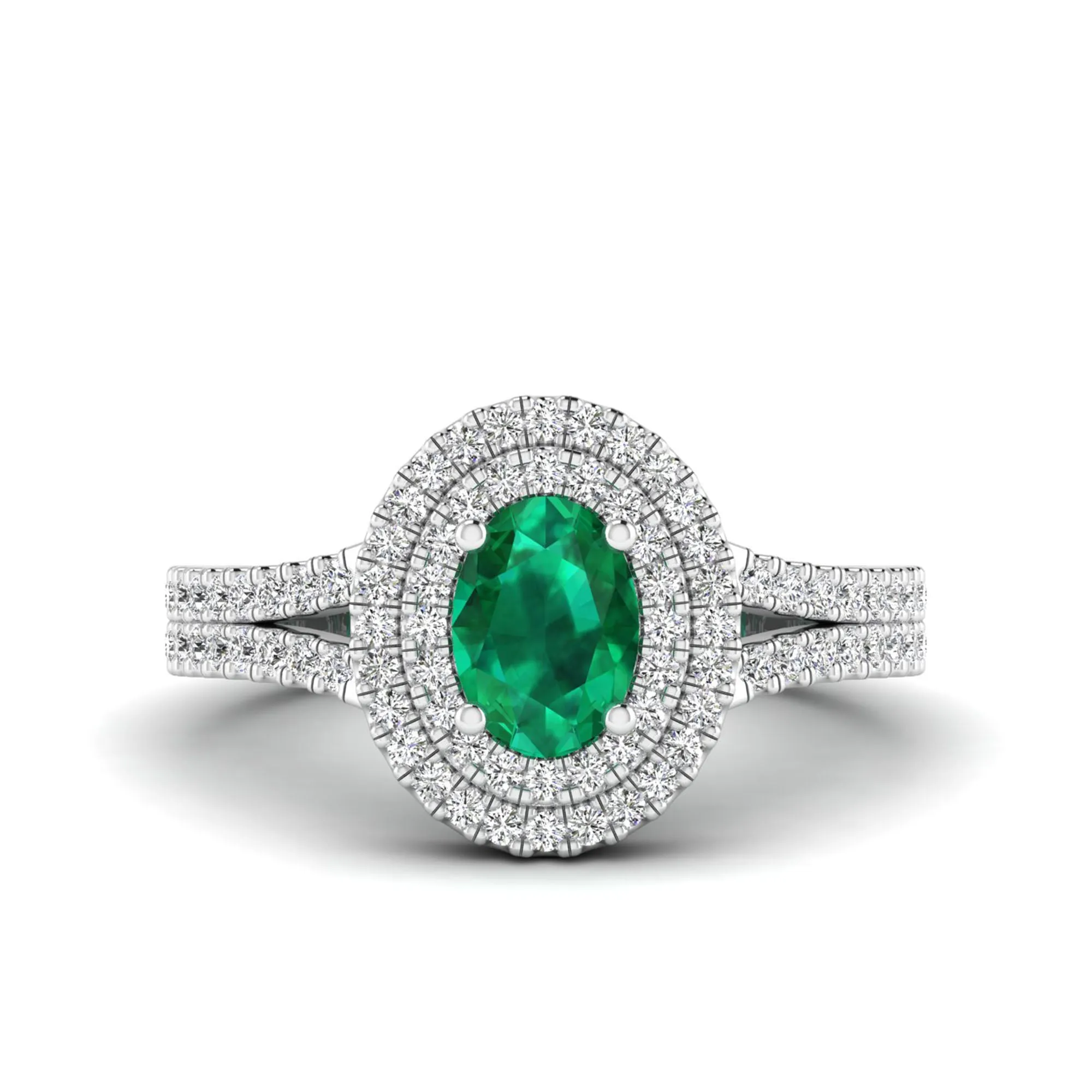 Prong-Set Double Halo Oval Emerald and Infinity Diamond Ring