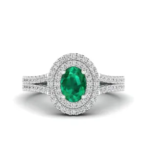 Prong-Set Double Halo Oval Emerald and Infinity Diamond Ring