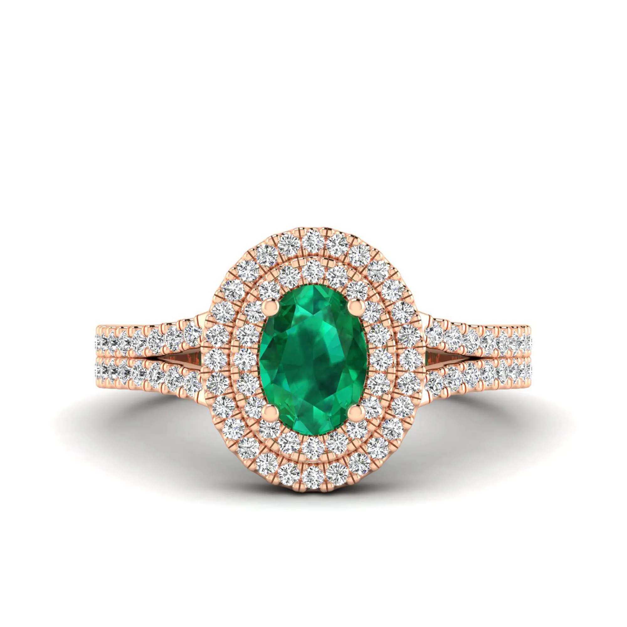 Prong-Set Double Halo Oval Emerald and Infinity Diamond Ring