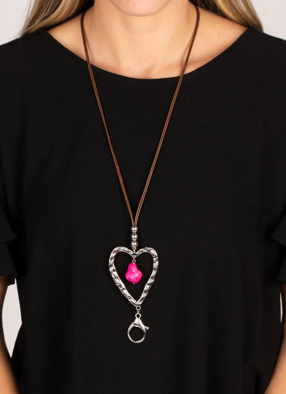 "Santa Fe Sweetheart" Silver Metal Heart Lanyard Leather corded Necklace Set