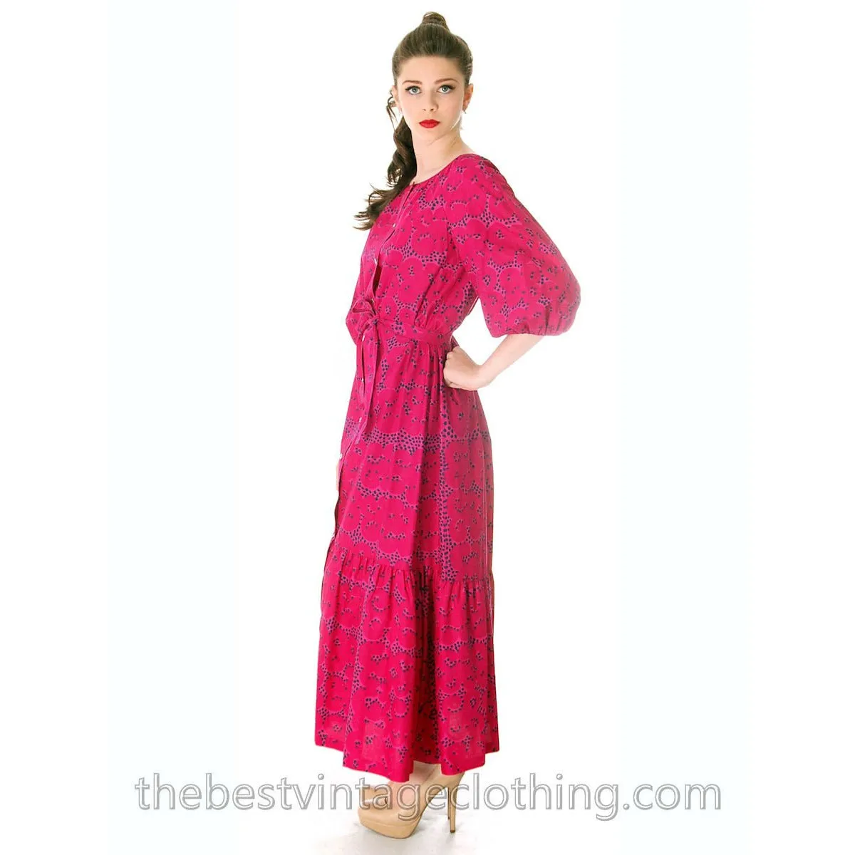 Rare Marimekko Love Letter Rakkauskirje Tarha Pattern Fuchsia Pink Annika Rimala Vintage Maxi Dress  S-M 1970s-80s