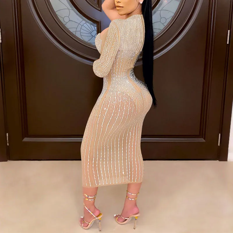 Rhinestone Long Sleeve Cut Out Sheer Mesh Midi Dress