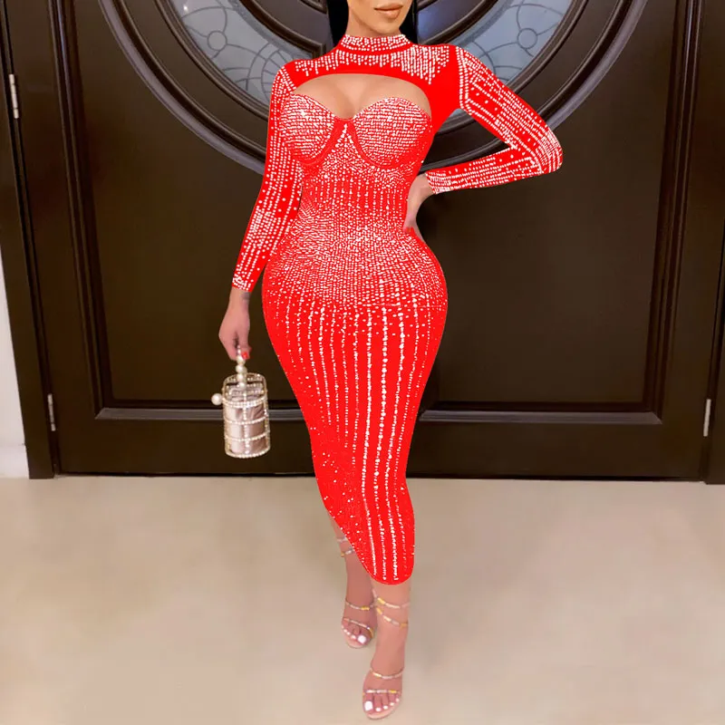 Rhinestone Long Sleeve Cut Out Sheer Mesh Midi Dress