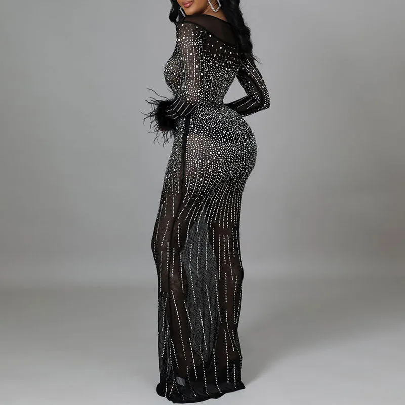 Rhinestone Long Sleeve Feather Design Sheer Mesh Floor-Length Dress