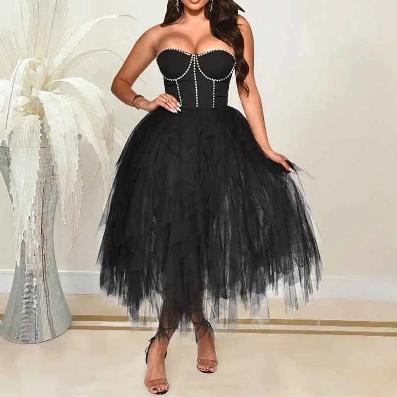 Rhinestone Off Shoulder Sheer Mesh Tulle Dress