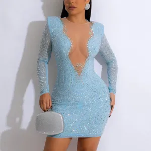 Rhinestone Sheer Mesh Patchwork Bodycon Dress
