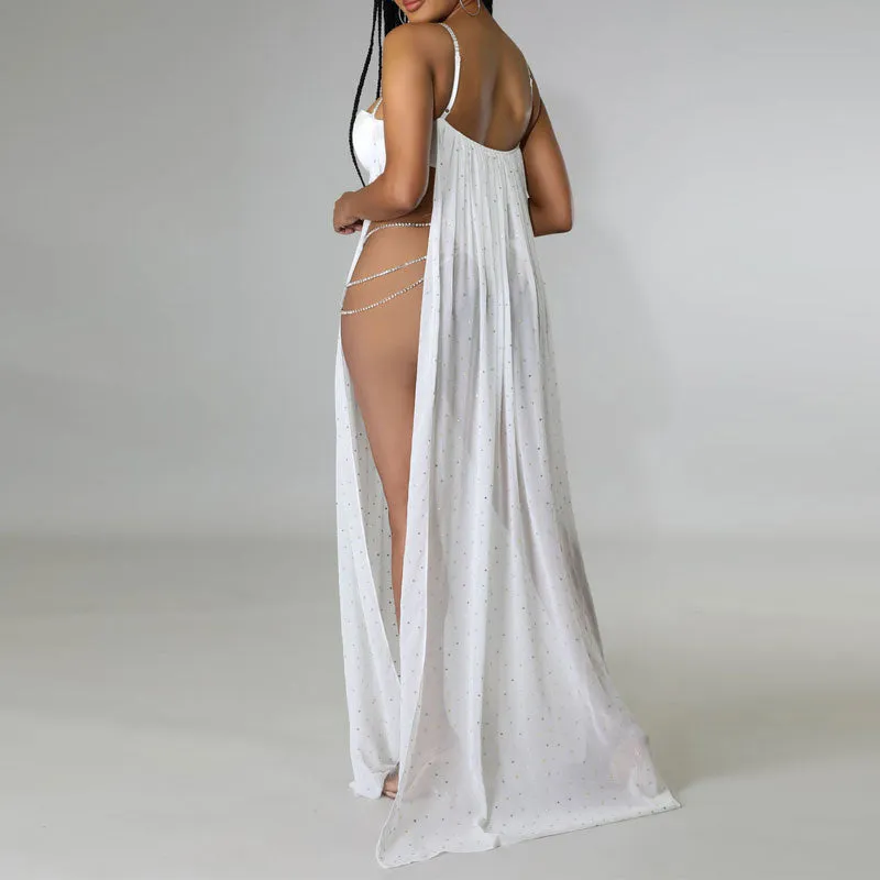 Rhinestone Sleeveless Cut Out Sheer Mesh Bodysuit Dress