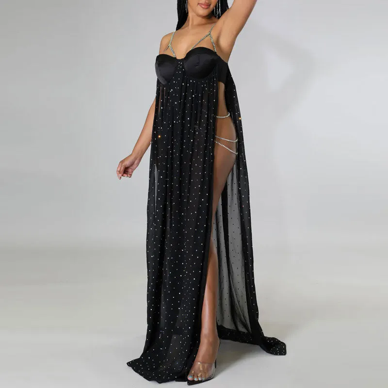 Rhinestone Sleeveless Cut Out Sheer Mesh Bodysuit Dress