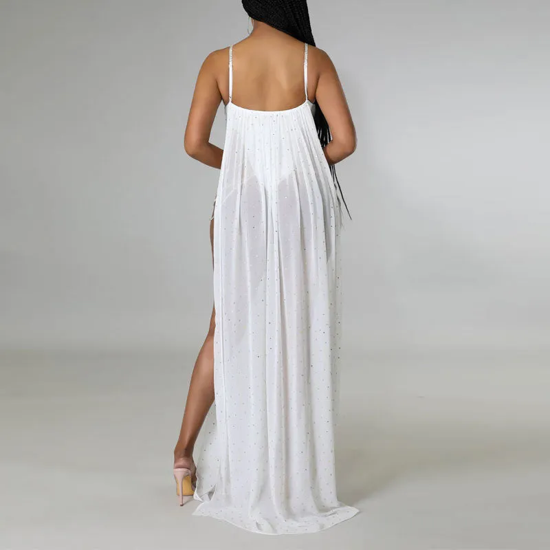 Rhinestone Sleeveless Cut Out Sheer Mesh Bodysuit Dress