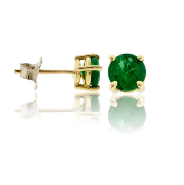 Round Emerald Yellow Gold Stud Earrings