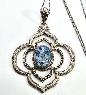 Sarda Balinese pebble inlay blue  fire opal mosaic sterling silver signed pendant necklace