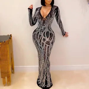 Sequins Rhinestone Sheer Mesh V-Neck Split Party Evening Dress