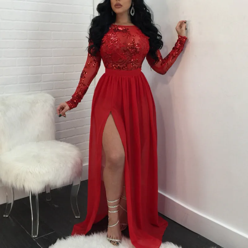 Sequins Sheer Mesh Patchwork Long Sleeve Backless High Split Dress
