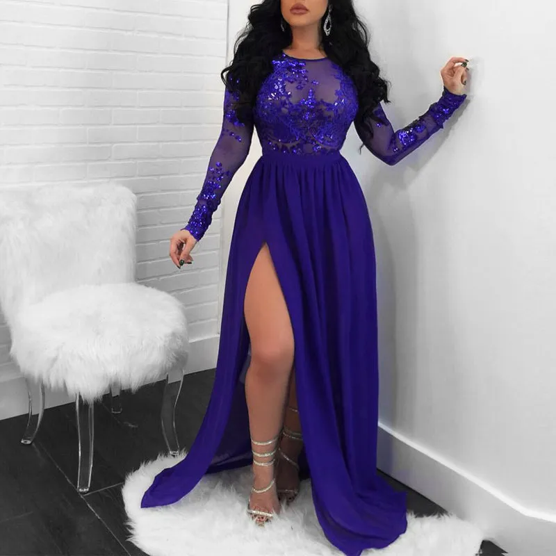 Sequins Sheer Mesh Patchwork Long Sleeve Backless High Split Dress