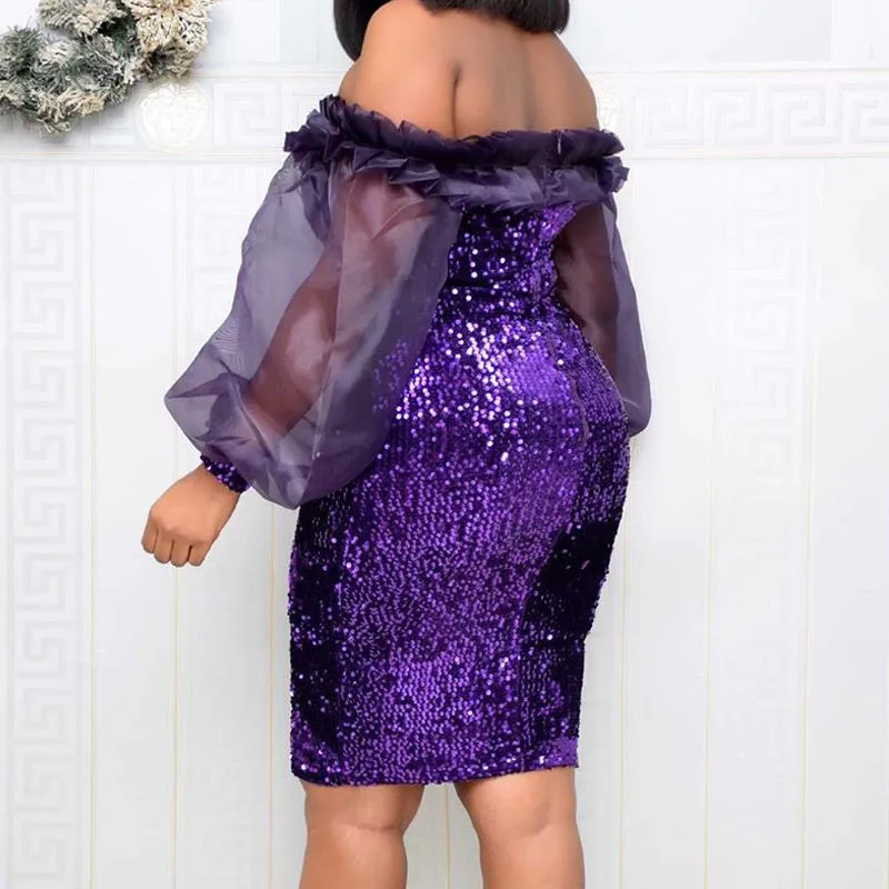 Sequins Sheer Mesh Patchwork Ruffles Long Sleeve Dress