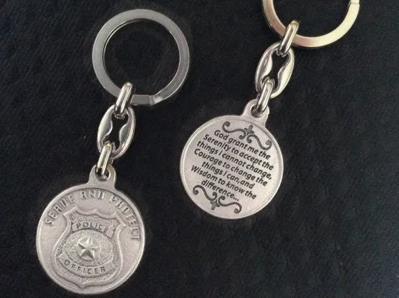 Serenity Prayer Serve and Protect Keychain Medal Silver Key Ring Protection Police Officer Gift Inspirational Jewelry