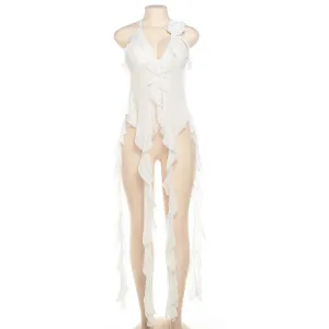 Sheer Mesh Spaghetti Strap Camisole Top White Ruffle Fringe Halter Top Y2k Fashion Fairy Core Clothes