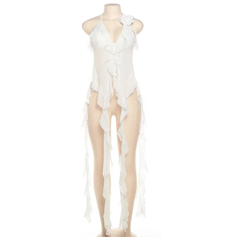 Sheer Mesh Spaghetti Strap Camisole Top White Ruffle Fringe Halter Top Y2k Fashion Fairy Core Clothes
