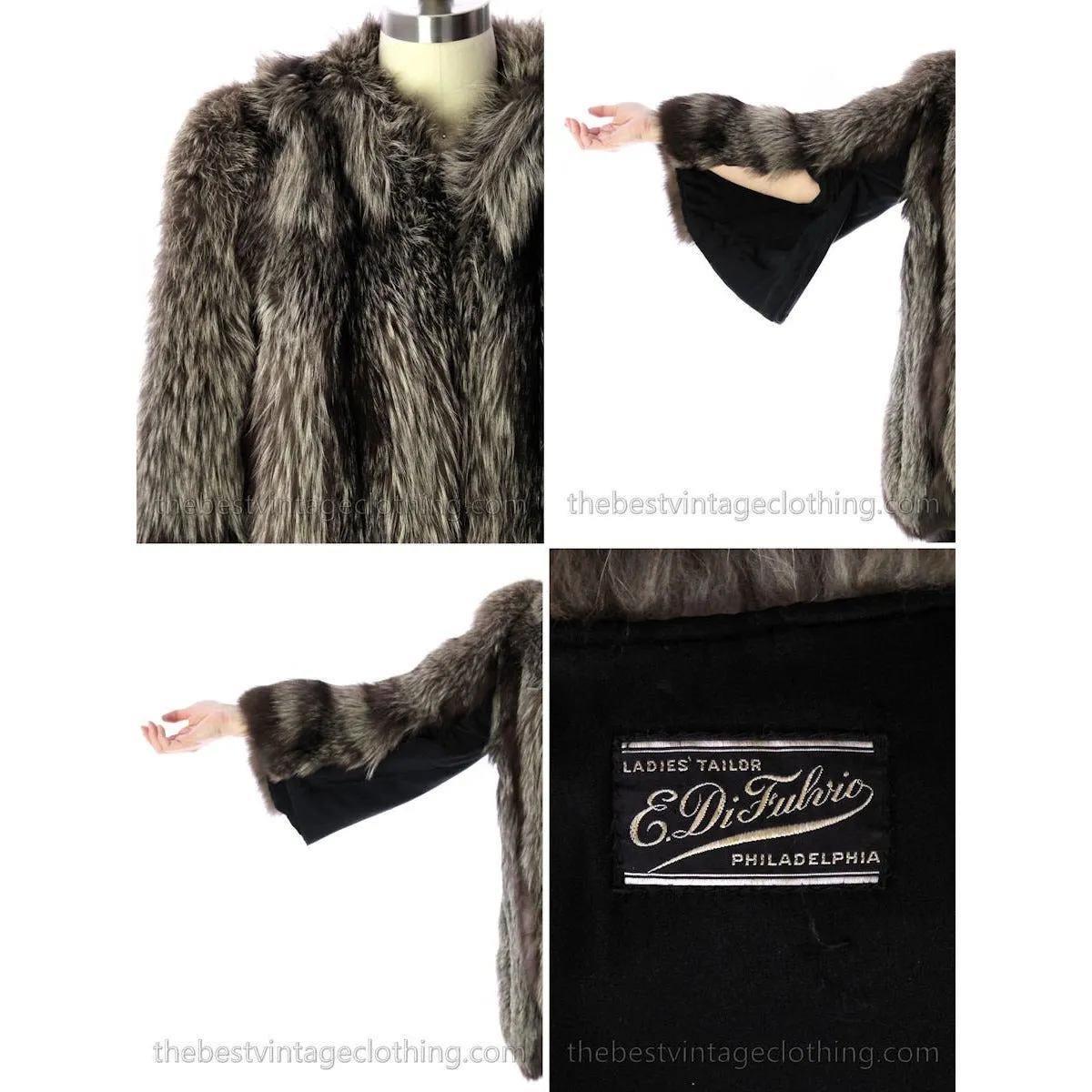 Silver Fox Coat Jacket Vintage 1940s Huge Shoulders Stunning Large  E.DiFulvio Furrier