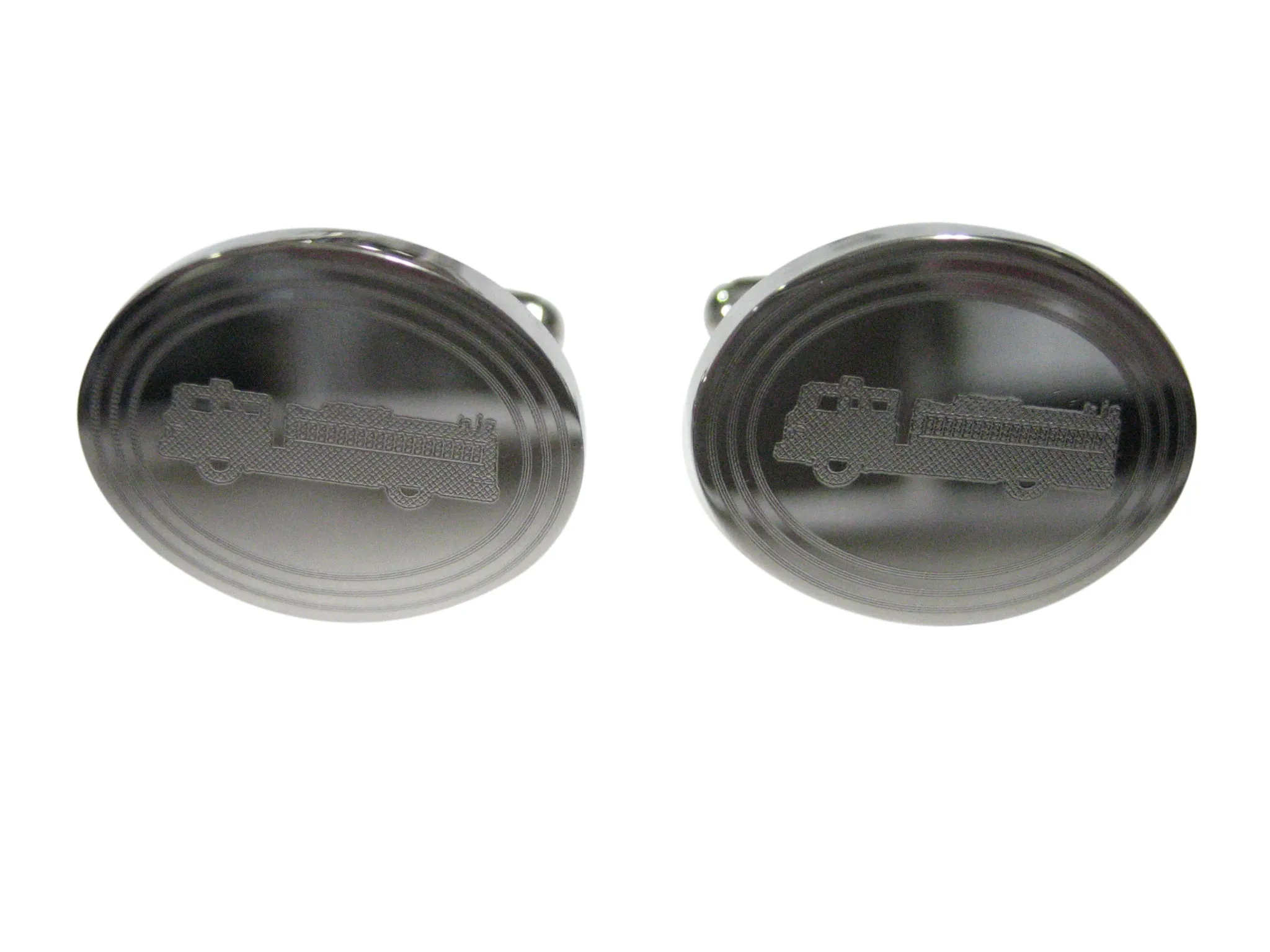 Silver Toned Etched Oval Fire Truck Cufflinks