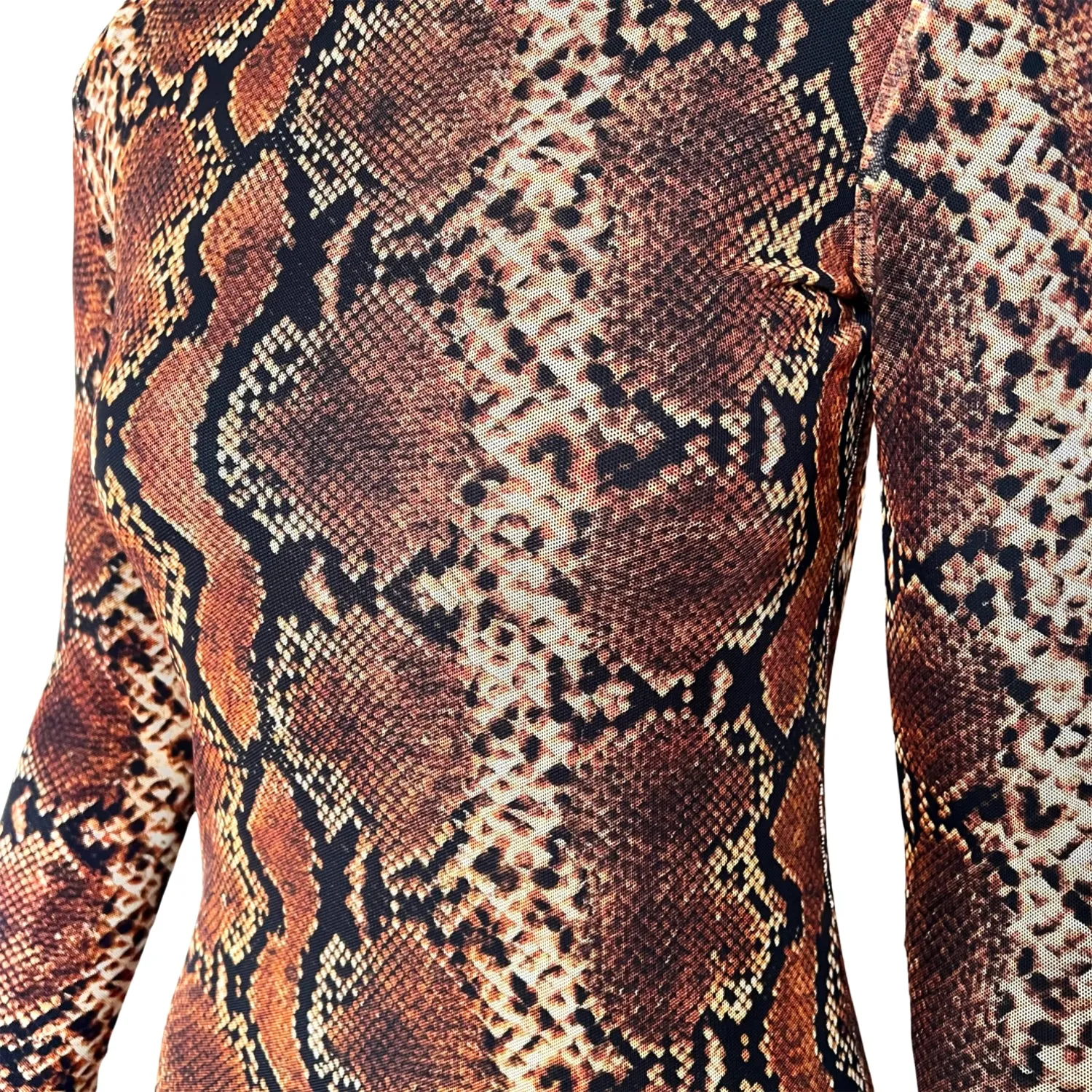 Snake-Print Mesh Dress in Brown