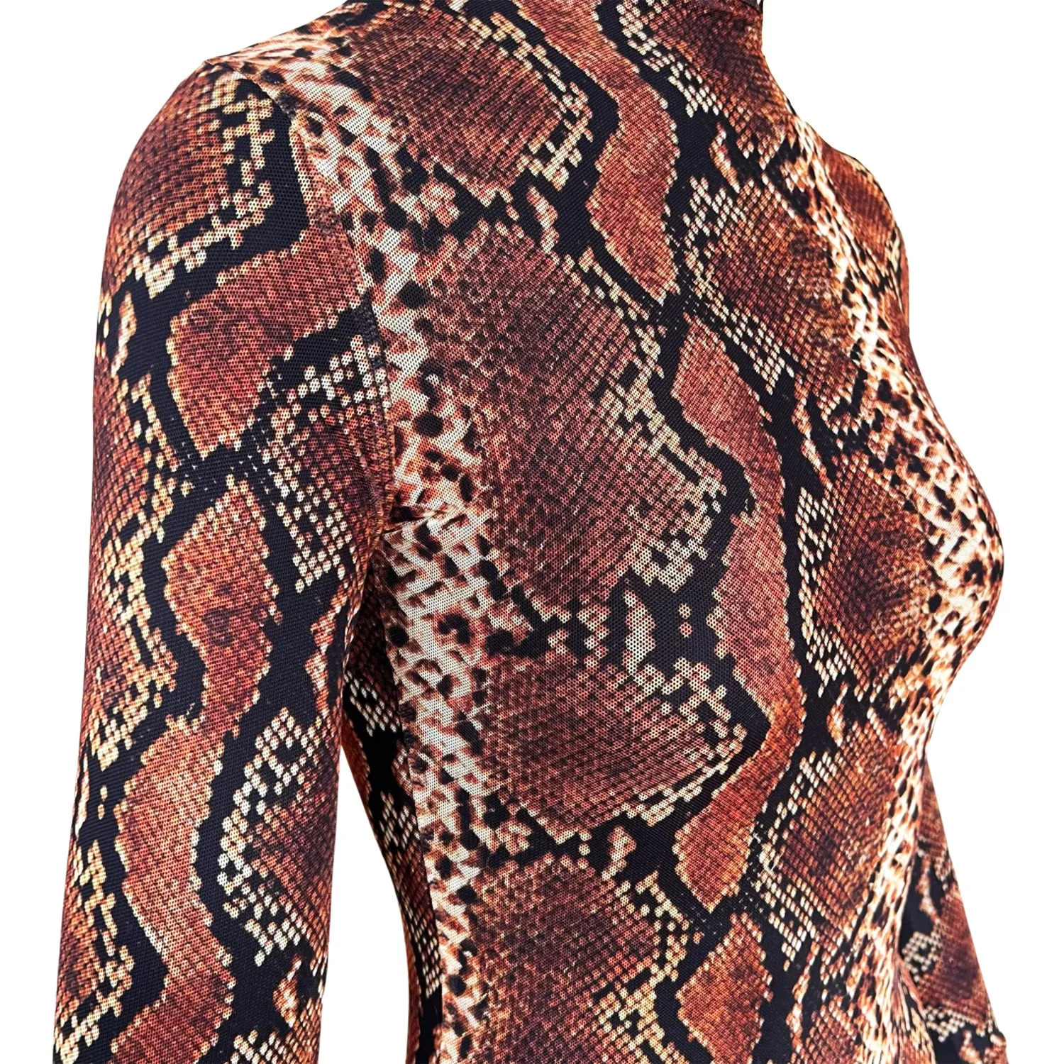 Snake-Print Mesh Dress in Brown