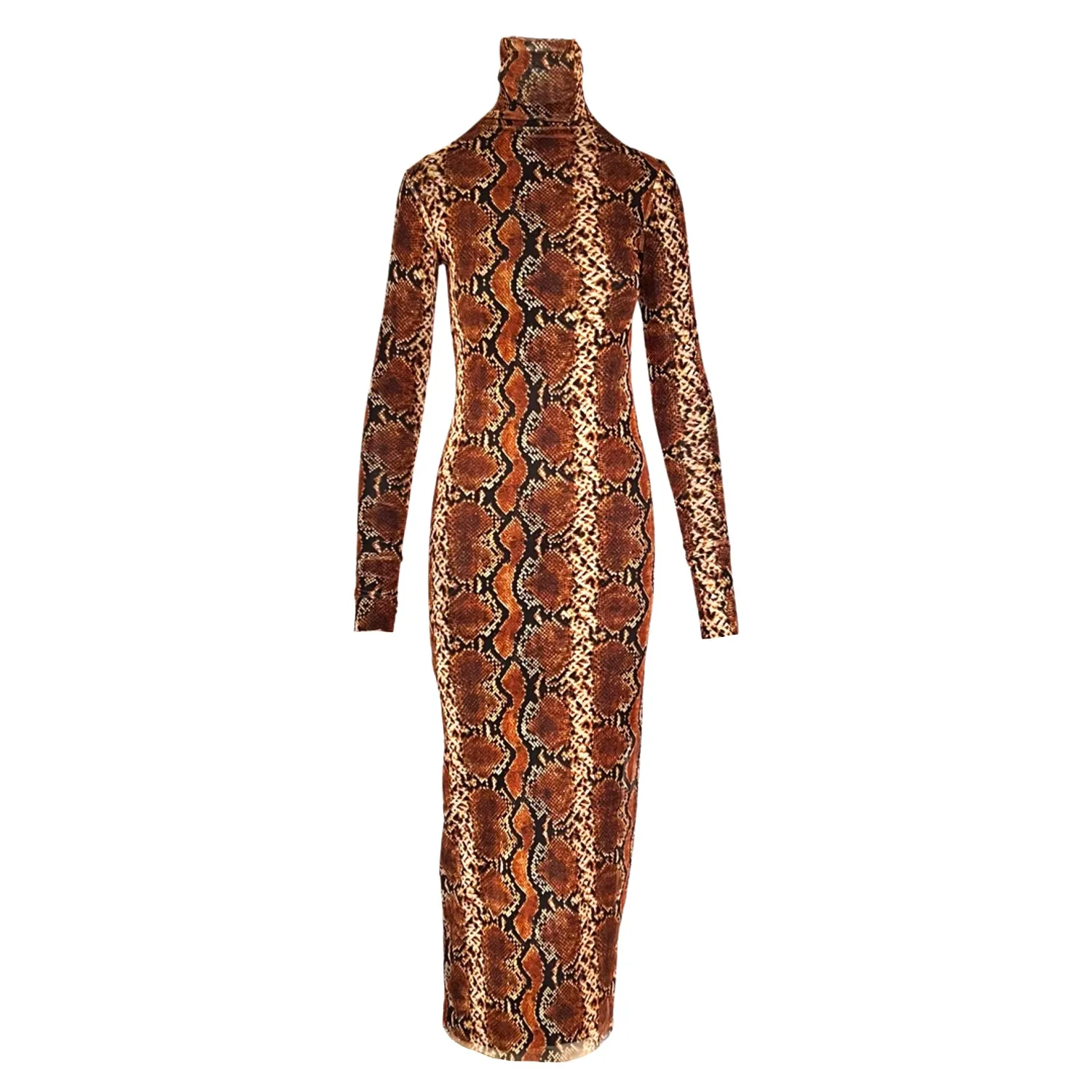 Snake-Print Mesh Dress in Brown
