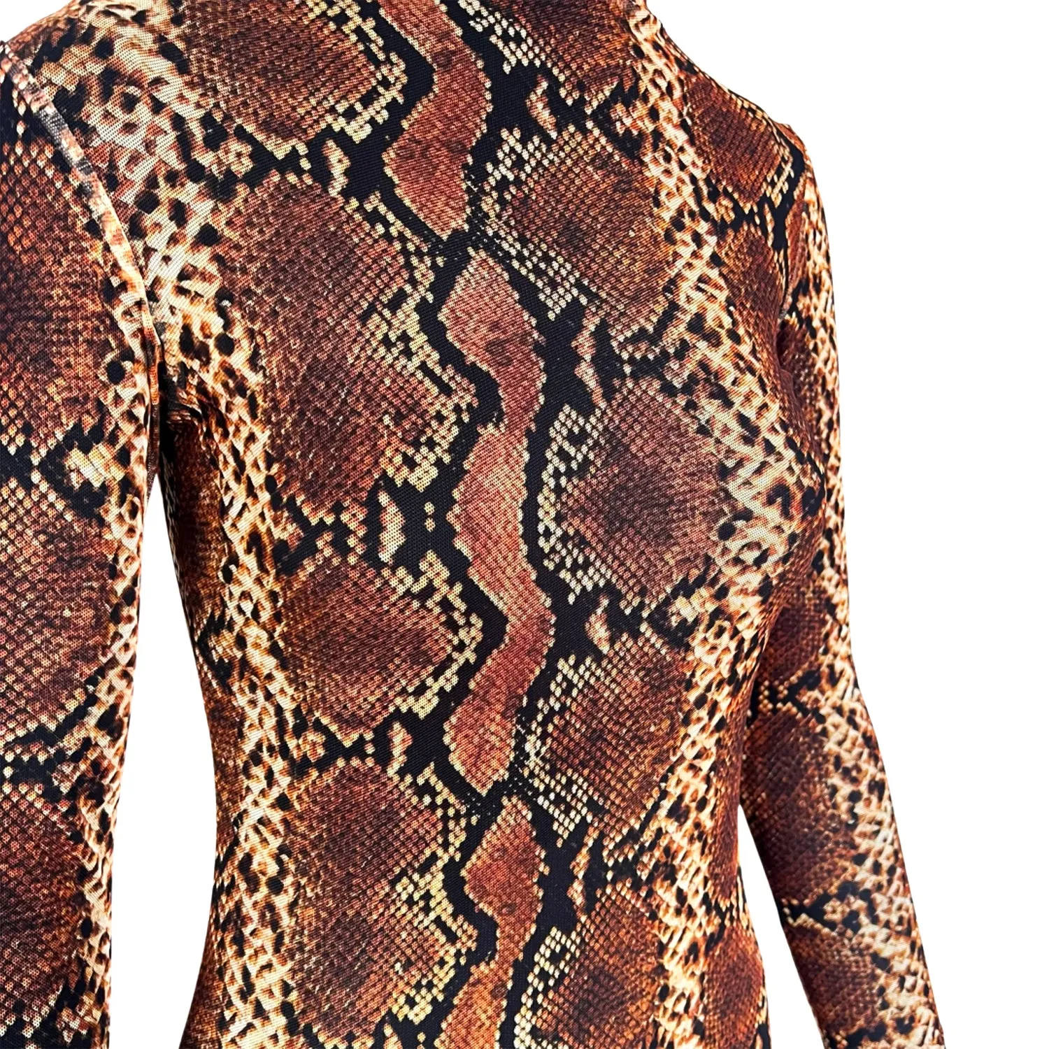 Snake-Print Mesh Dress in Brown