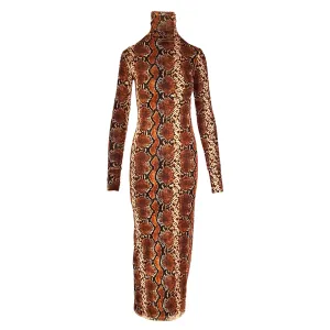 Snake-Print Mesh Dress in Brown