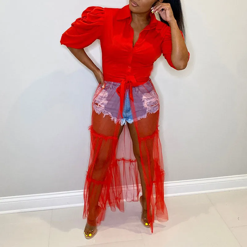 Solid Puff Sleeve Sheer Mesh Patchwork Dress