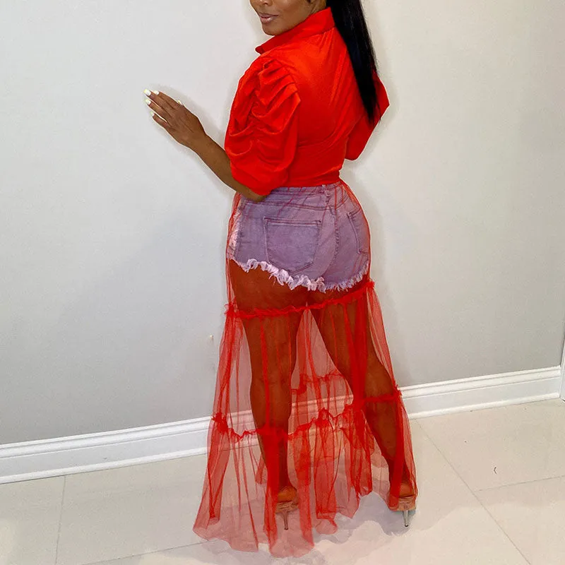 Solid Puff Sleeve Sheer Mesh Patchwork Dress