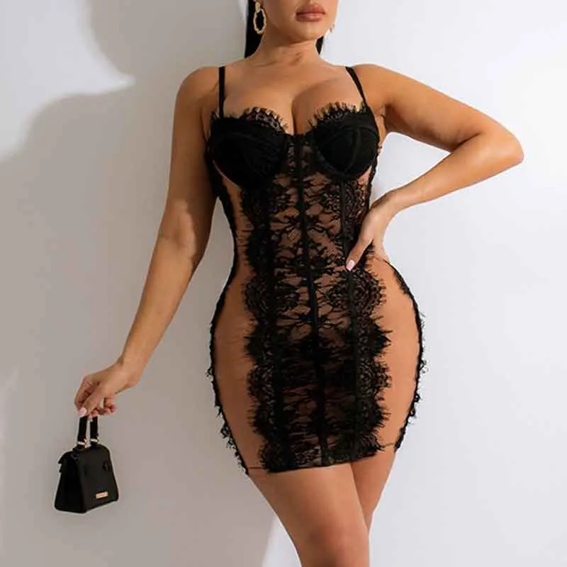 Solid Sleeveless Sheer Mesh Patchwork Lace Dress
