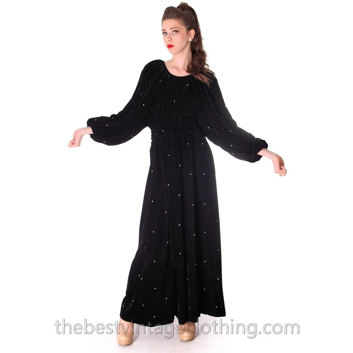Stunning 1970s Vuokko Suomi Finland Black  Velvet Gown Diamond Pattern 1930s Style S-L