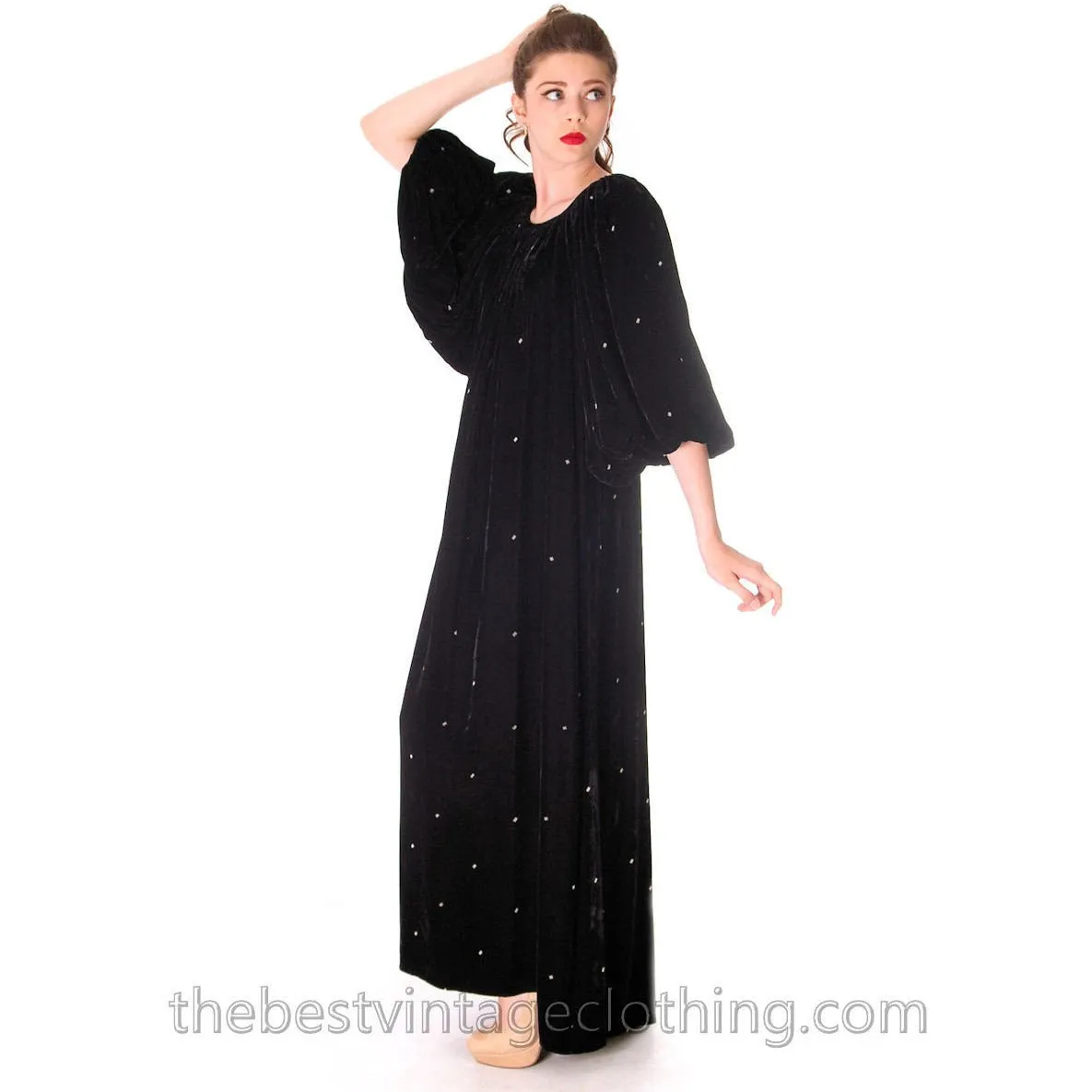 Stunning 1970s Vuokko Suomi Finland Black  Velvet Gown Diamond Pattern 1930s Style S-L